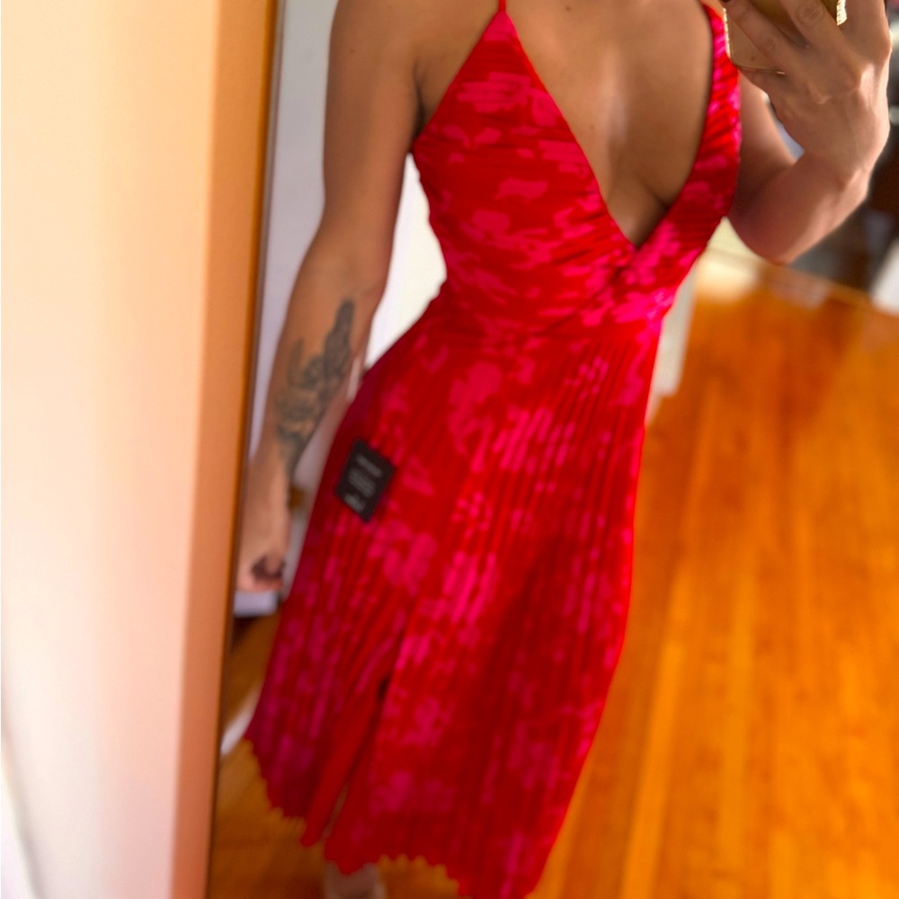 LuLu’s Vibrant Moment Red and Pink Floral Pleated Lace-up Midi Dress